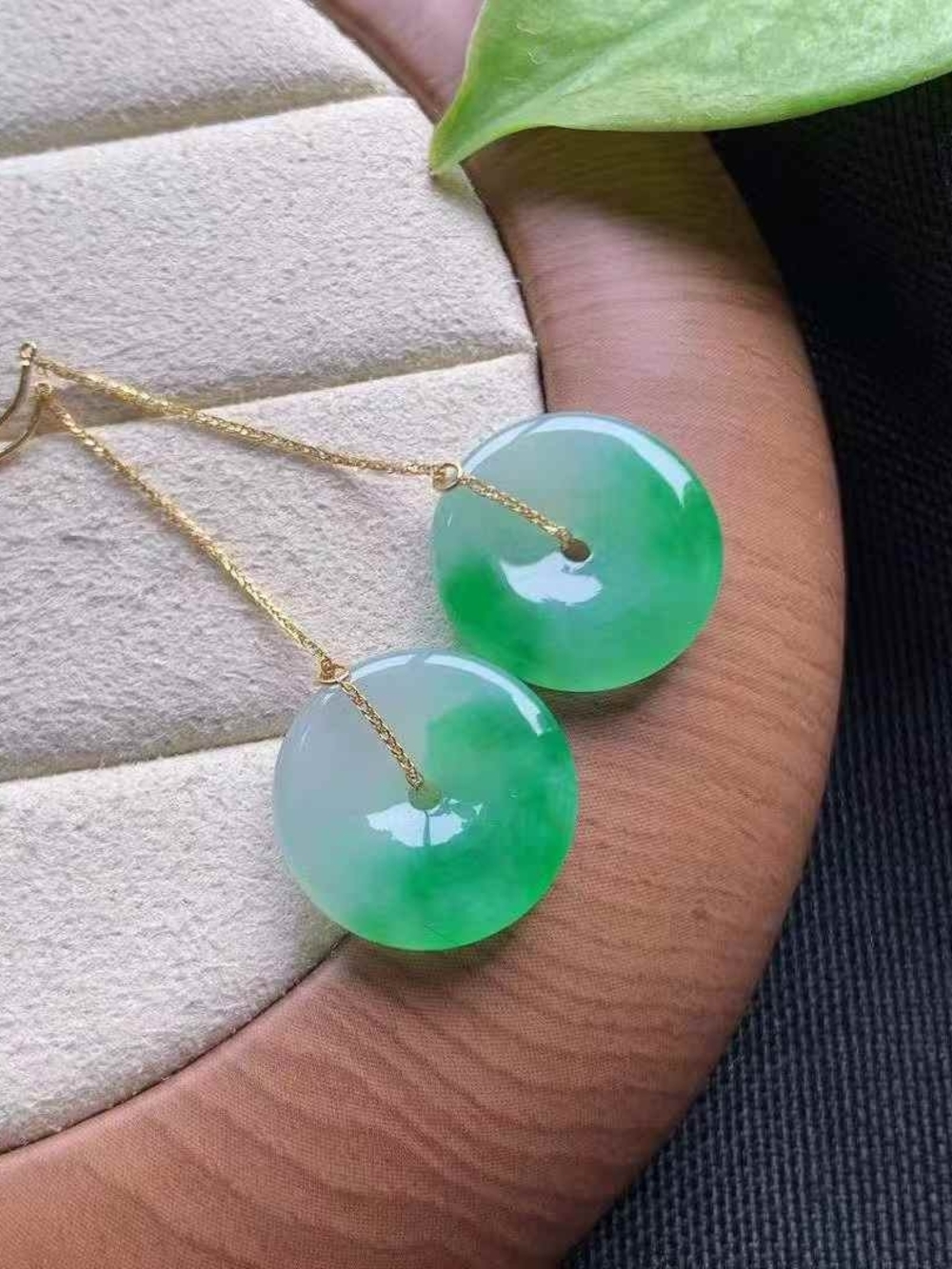 Floating Green Jadeite Donut Drop Earrings with 18K Gold Chain Cerified